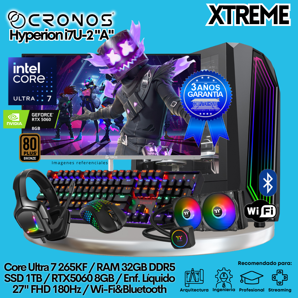 PC Xtreme CRONOS Hyperion U7-2 "A", RAM 32GB DDR5, SSD 1TB, RTX5060 8GB, Enfriamiento Líquido, Monitor 27″ FHD 180Hz, Wi-Fi & Bluetooth.