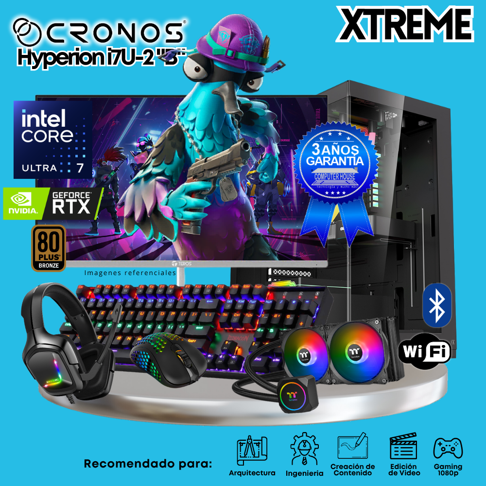 PC Xtreme CRONOS Hyperion U7-2 "B", RAM 32GB DDR5, SSD 2TB, Nvidia GeForce RTX5060 8GB, Enfriamiento Líquido, Monitor 27″ FHD 200Hz, Wi-Fi & Bluetooth.