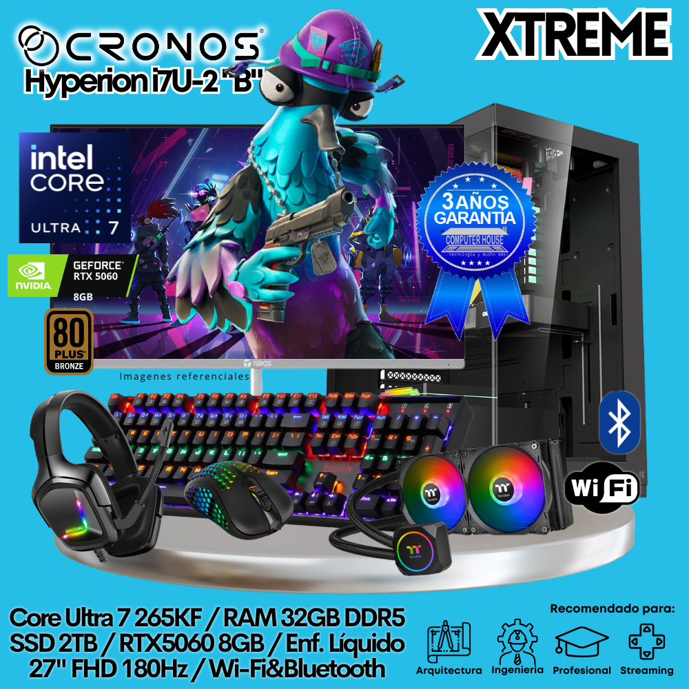 PC Xtreme CRONOS Hyperion U7-2 "B", RAM 32GB DDR5, SSD 2TB, RTX5060 8GB, Enfriamiento Líquido, Monitor 27″ FHD 180Hz, Wi-Fi & Bluetooth.