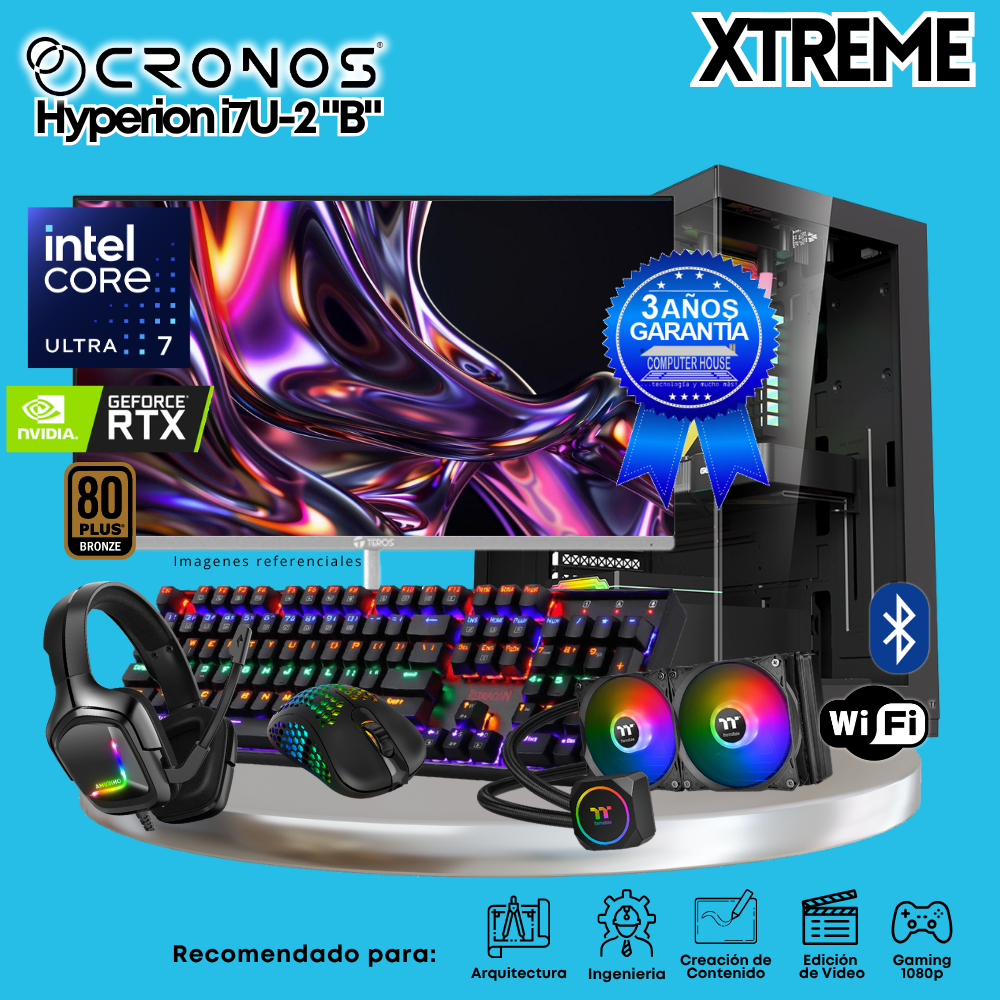 PC Xtreme CRONOS Hyperion U7-2 "B", RAM 32GB DDR5, SSD 2TB, Nvidia GeForce RTX5060 8GB, Enfriamiento Líquido, Monitor 27″ FHD 200Hz, Wi-Fi & Bluetooth.