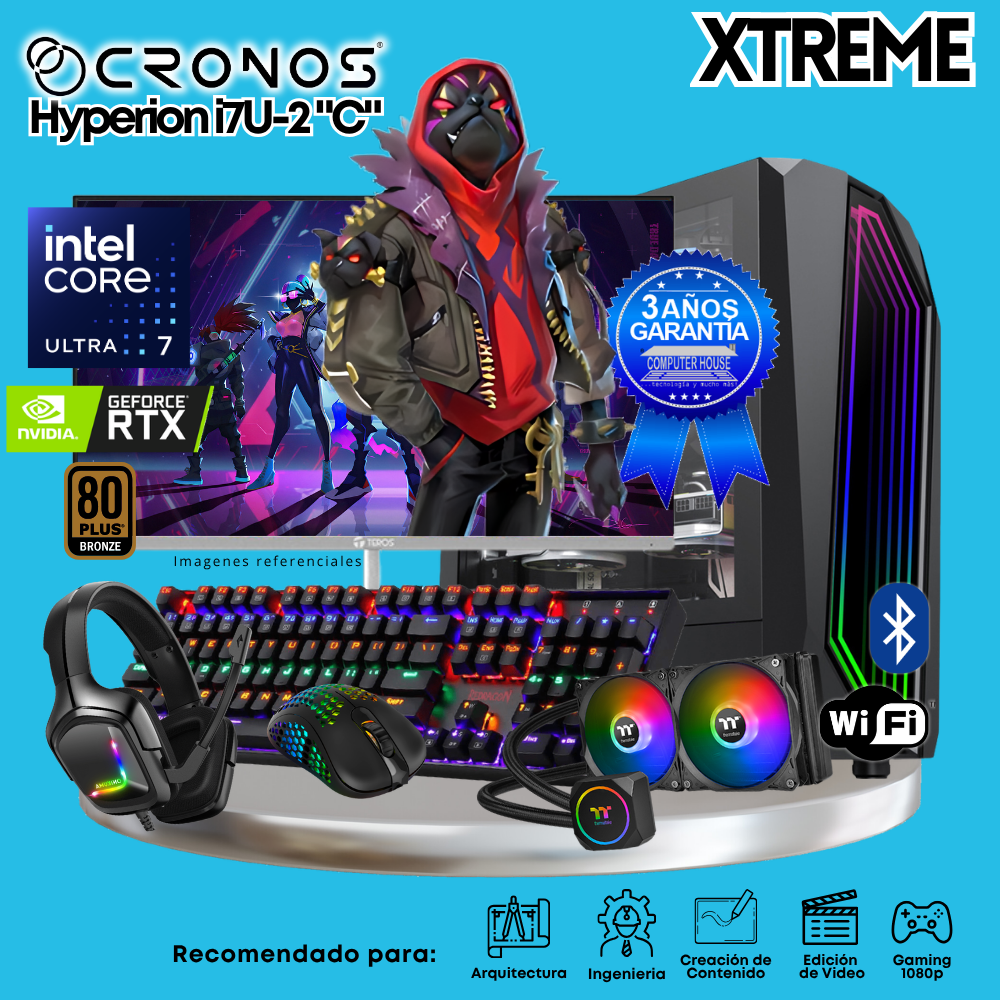 PC Xtreme CRONOS Hyperion U7-2 "C", 64GB DDR5 RAM, 2TB SSD, RTX5060Ti 16GB, Liquid Cooling, 27″ FHD 180Hz Monitor, Wi-Fi &amp; Bluetooth.