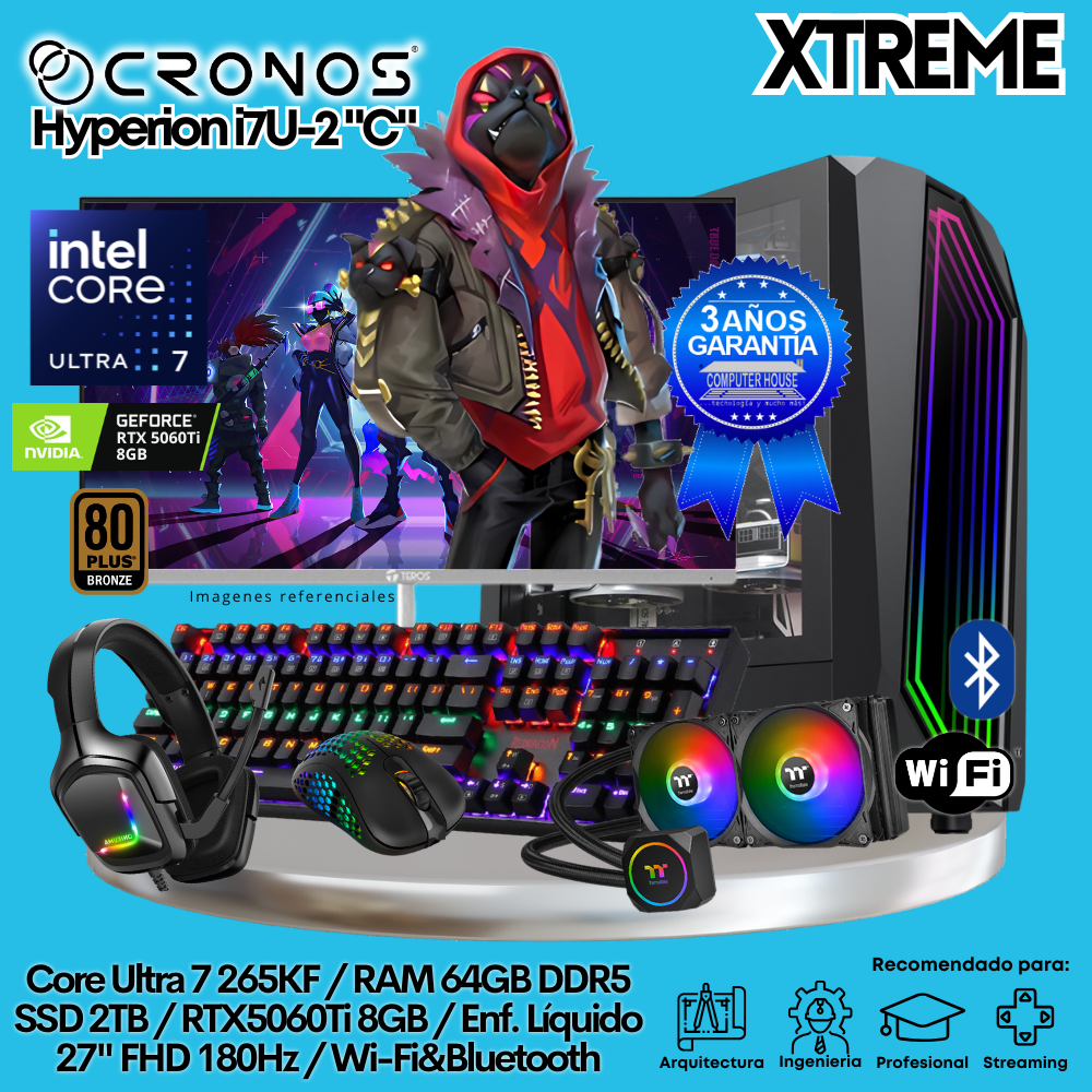 PC Xtreme CRONOS Hyperion U7-2 "C", RAM 64GB DDR5, SSD 2TB, RTX5060Ti 8GB, Enfriamiento Líquido, Monitor 27″ FHD 180Hz, Wi-Fi & Bluetooth.