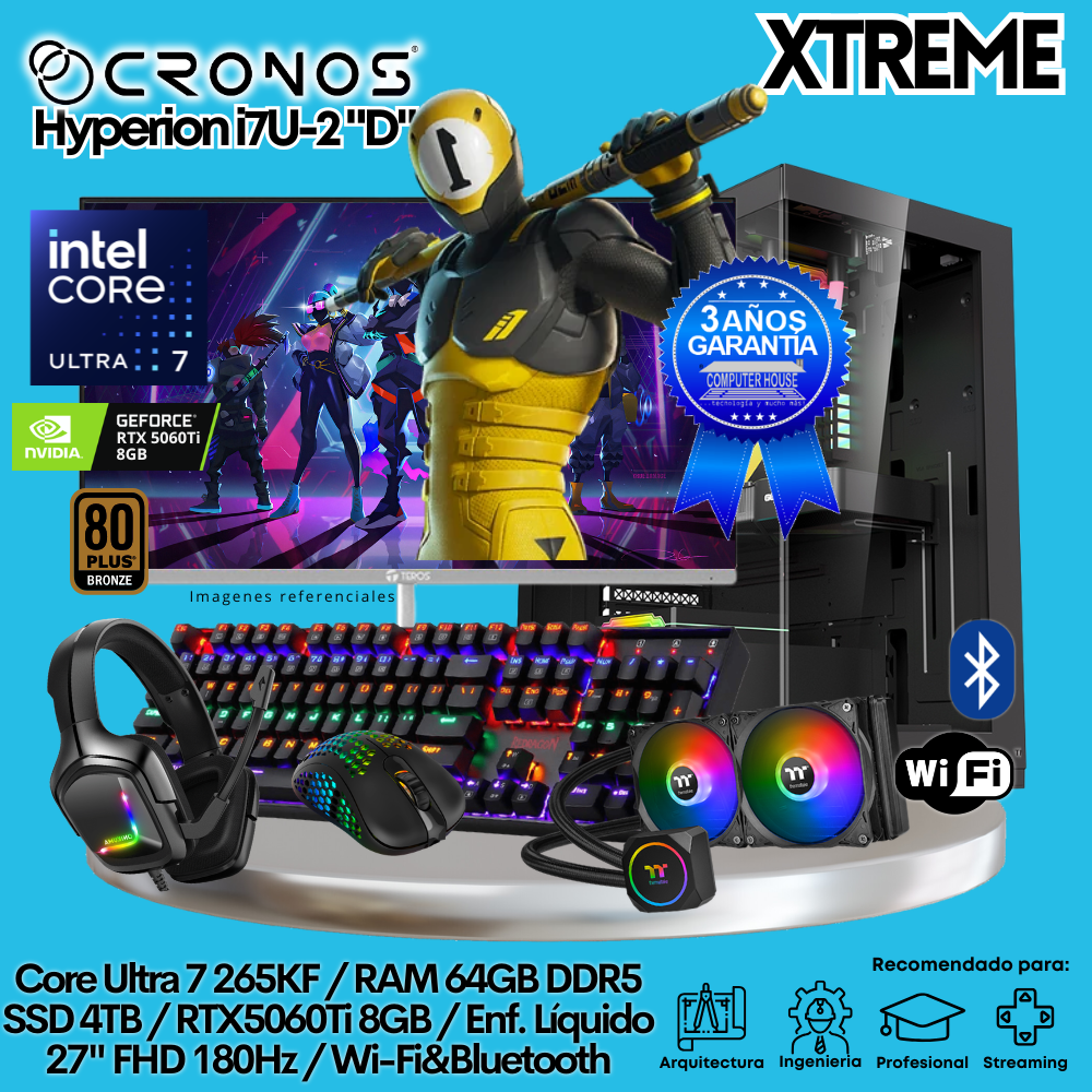 PC Xtreme CRONOS Hyperion U7-2 "D", RAM 64GB DDR5, SSD 4TB, RTX5060Ti 8GB, Enfriamiento Líquido, Monitor 27″ FHD 180Hz, Wi-Fi & Bluetooth.
