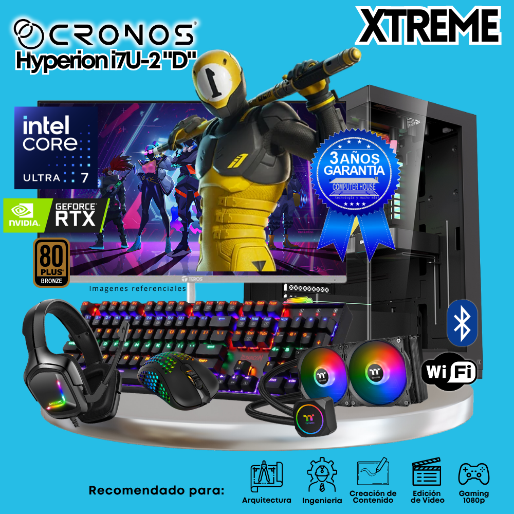 PC Xtreme CRONOS Hyperion U7-2 "D", RAM 64GB DDR5, SSD 4TB, Nvidia GeForce RTX5060Ti 8GB, Enfriamiento Líquido, Monitor 27″ FHD 180Hz, Wi-Fi & Bluetooth.