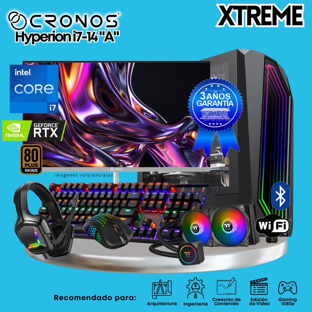 PC Xtreme CRONOS Hyperion i7-14 "A", RAM 32GB DDR5, SSD 1TB, Nvidia GeForce RTX5060 8GB, Enfriamiento Líquido, Monitor 27″ FHD 200Hz, Wi-Fi & Bluetooth.