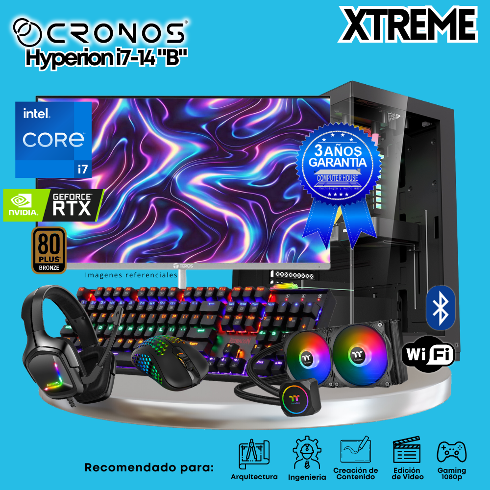 PC Xtreme CRONOS Hyperion i7-14 "B", 32GB DDR5 RAM, 2TB SSD, RTX5060 8GB, Liquid Cooling, 27″ FHD 240Hz Monitor, Wi-Fi &amp; Bluetooth.