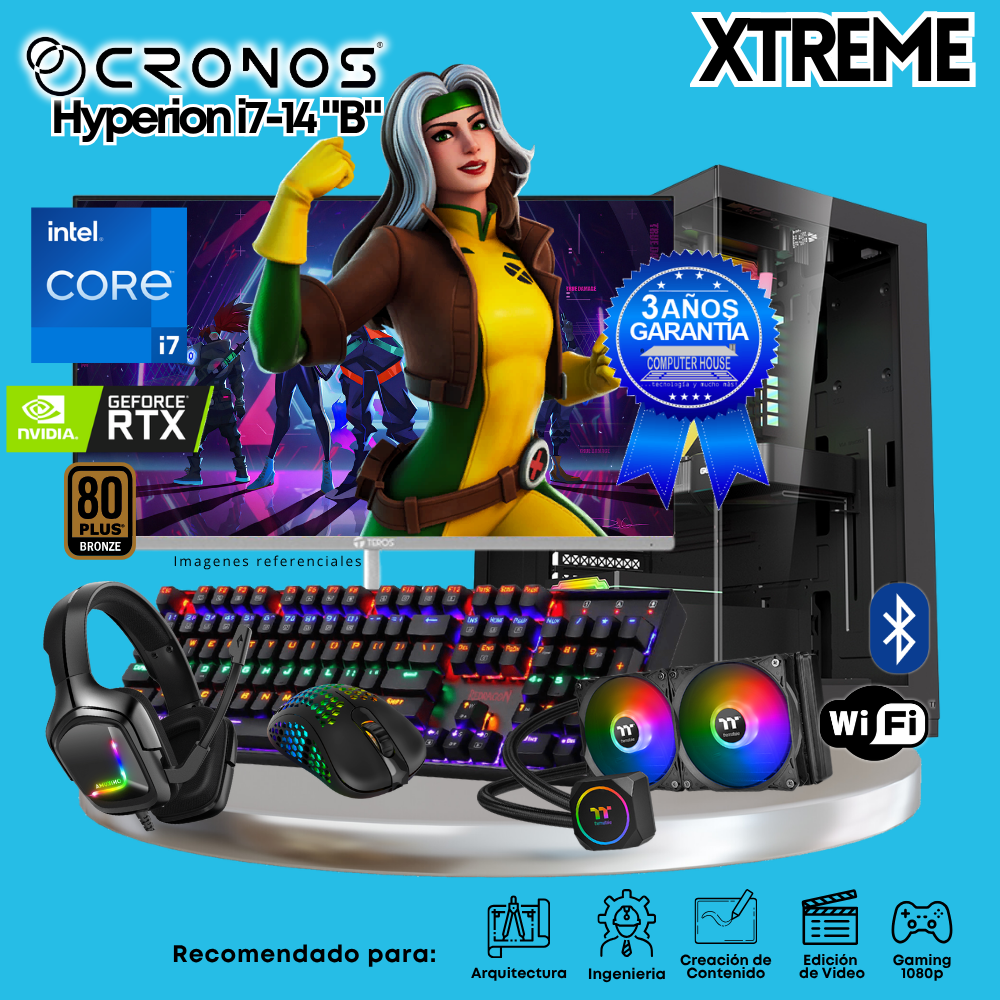 PC Xtreme CRONOS Hyperion i7-14 "B", RAM 32GB DDR5, SSD 2TB, Nvidia GeForce RTX5060 8GB, Enfriamiento Líquido, Monitor 27″ FHD 200Hz, Wi-Fi & Bluetooth.