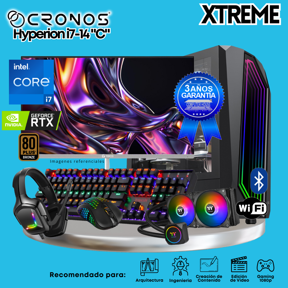 PC Xtreme CRONOS Hyperion i7-14 "C", RAM 64GB DDR5, SSD 2TB, Nvidia GeForce RTX5060Ti 8GB, Enfriamiento Líquido, Monitor 27″ FHD 180Hz, Wi-Fi & Bluetooth.