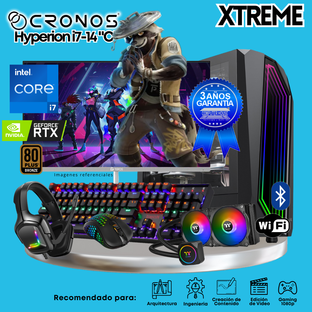 PC Xtreme CRONOS Hyperion i7-14 "C", RAM 64GB DDR5, SSD 2TB, Nvidia GeForce RTX5060Ti 8GB, Enfriamiento Líquido, Monitor 27″ FHD 180Hz, Wi-Fi & Bluetooth.