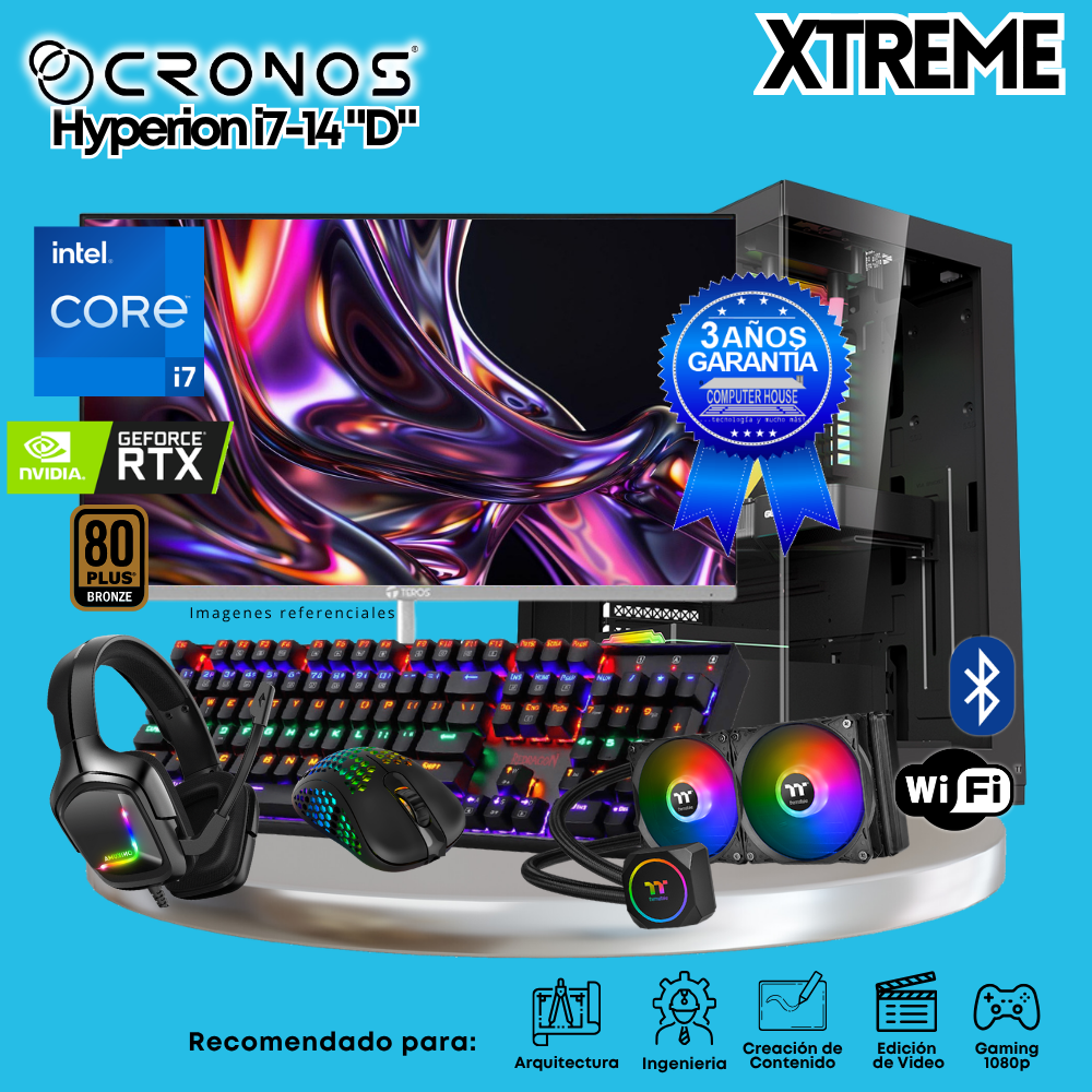 PC Xtreme CRONOS Hyperion i7-14 "D", RAM 64GB DDR5, SSD 4TB, Nvidia GeForce RTX5060Ti 8GB, Enfriamiento Líquido, Monitor 27″ FHD 180Hz, Wi-Fi & Bluetooth.