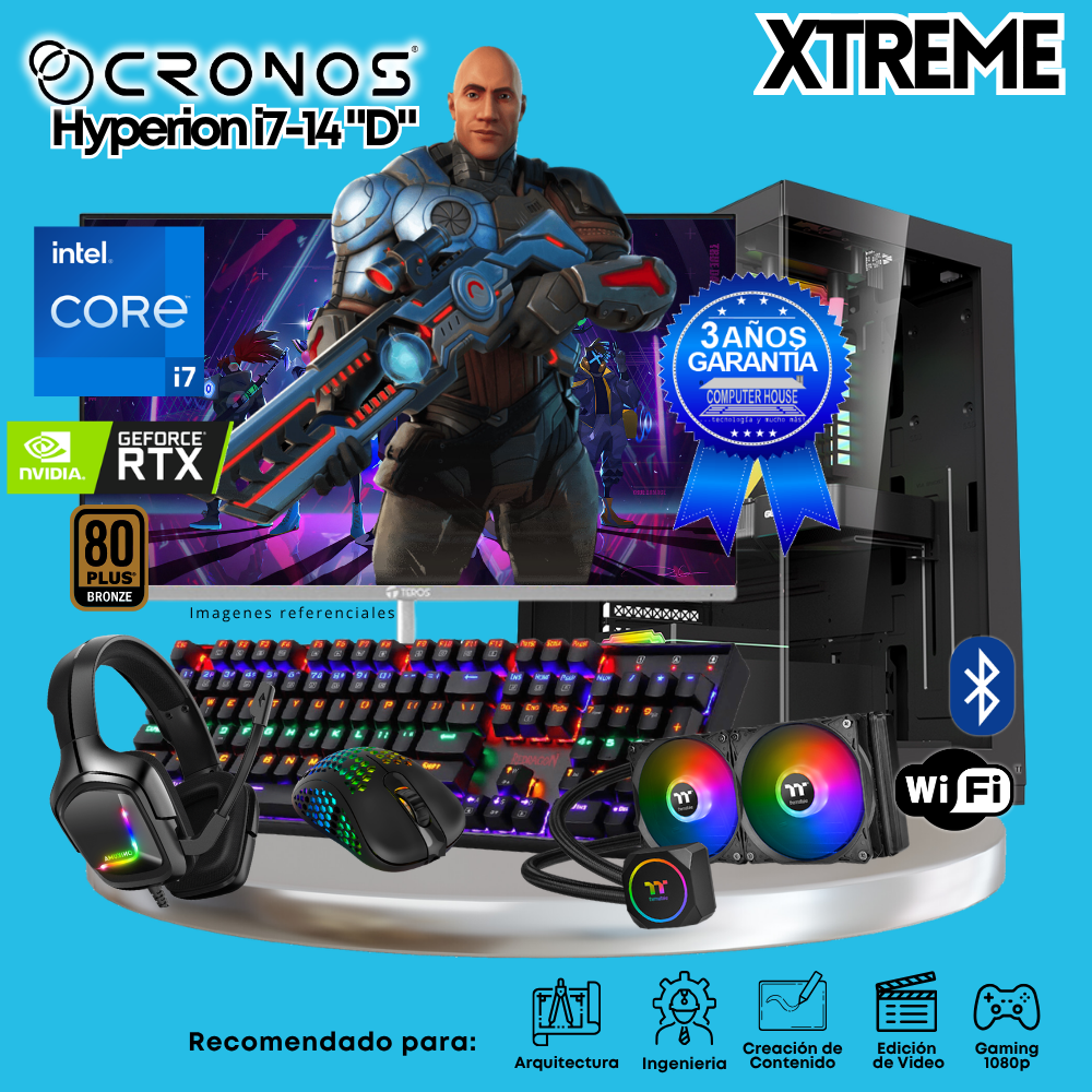 PC Xtreme CRONOS Hyperion i7-14 "D", RAM 64GB DDR5, SSD 4TB, Nvidia GeForce RTX5060Ti 8GB, Enfriamiento Líquido, Monitor 27″ FHD 180Hz, Wi-Fi & Bluetooth.