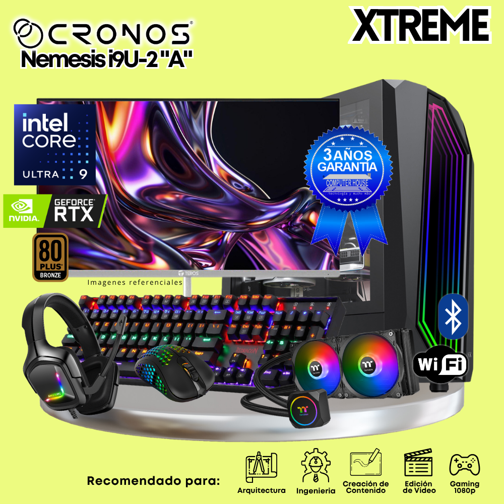 PC Xtreme CRONOS Nemesis U9-2 "A", RAM 32GB DDR5, SSD 1TB, Nvidia GeForce RTX5060 8GB, Enfriamiento Líquido, Monitor 27″ FHD 200Hz, Wi-Fi & Bluetooth.