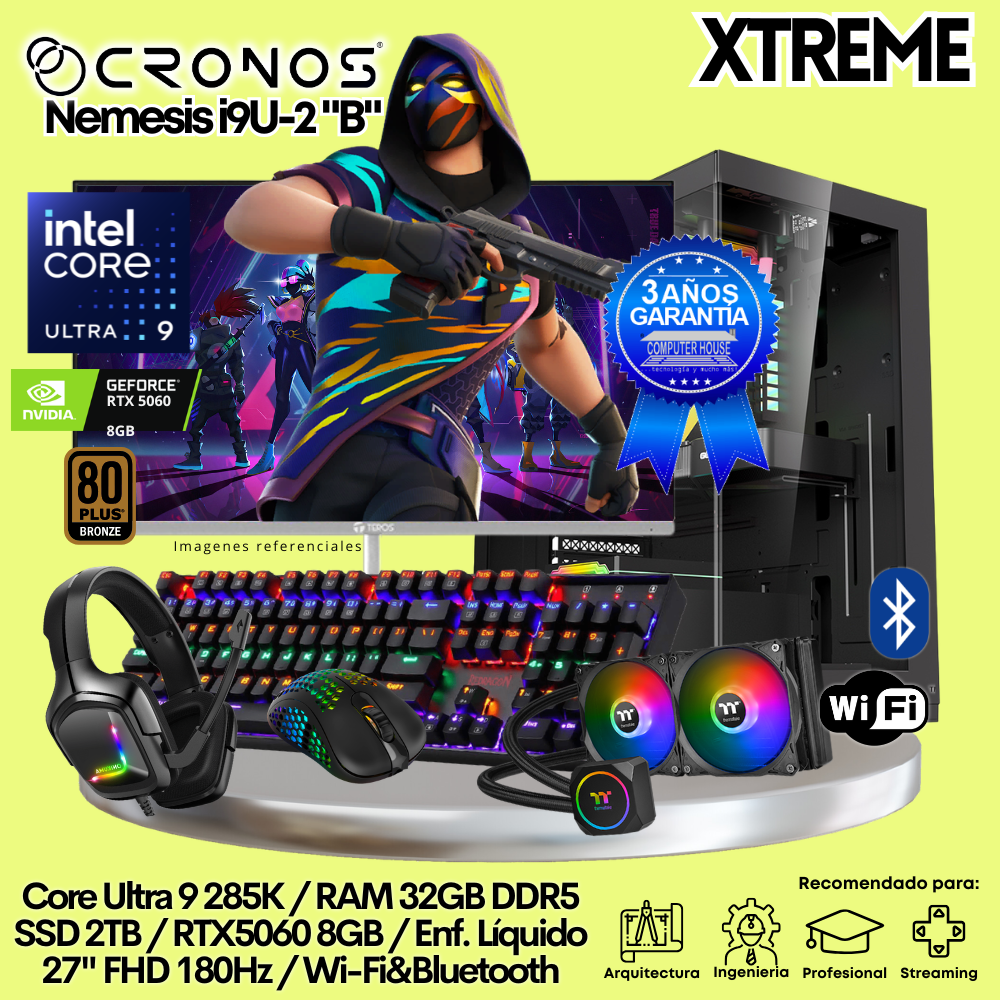 PC Xtreme CRONOS Nemesis U9-2 "B", RAM 32GB DDR5, SSD 2TB, RTX5060 8GB, Enfriamiento Líquido, Monitor 27″ FHD 180Hz, Wi-Fi & Bluetooth.
