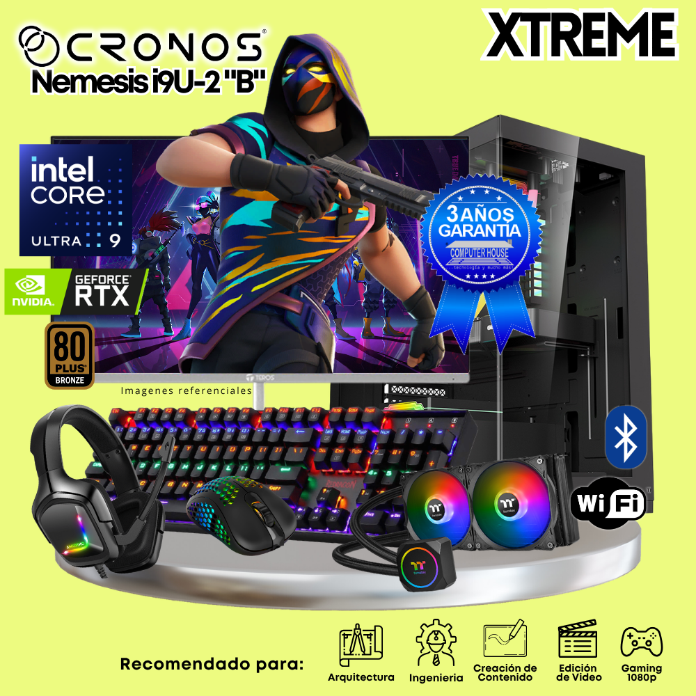 PC Xtreme CRONOS Nemesis U9-2 "B", RAM 32GB DDR5, SSD 2TB, Nvidia GeForce RTX5060 8GB, Enfriamiento Líquido, Monitor 27″ FHD 200Hz, Wi-Fi & Bluetooth.