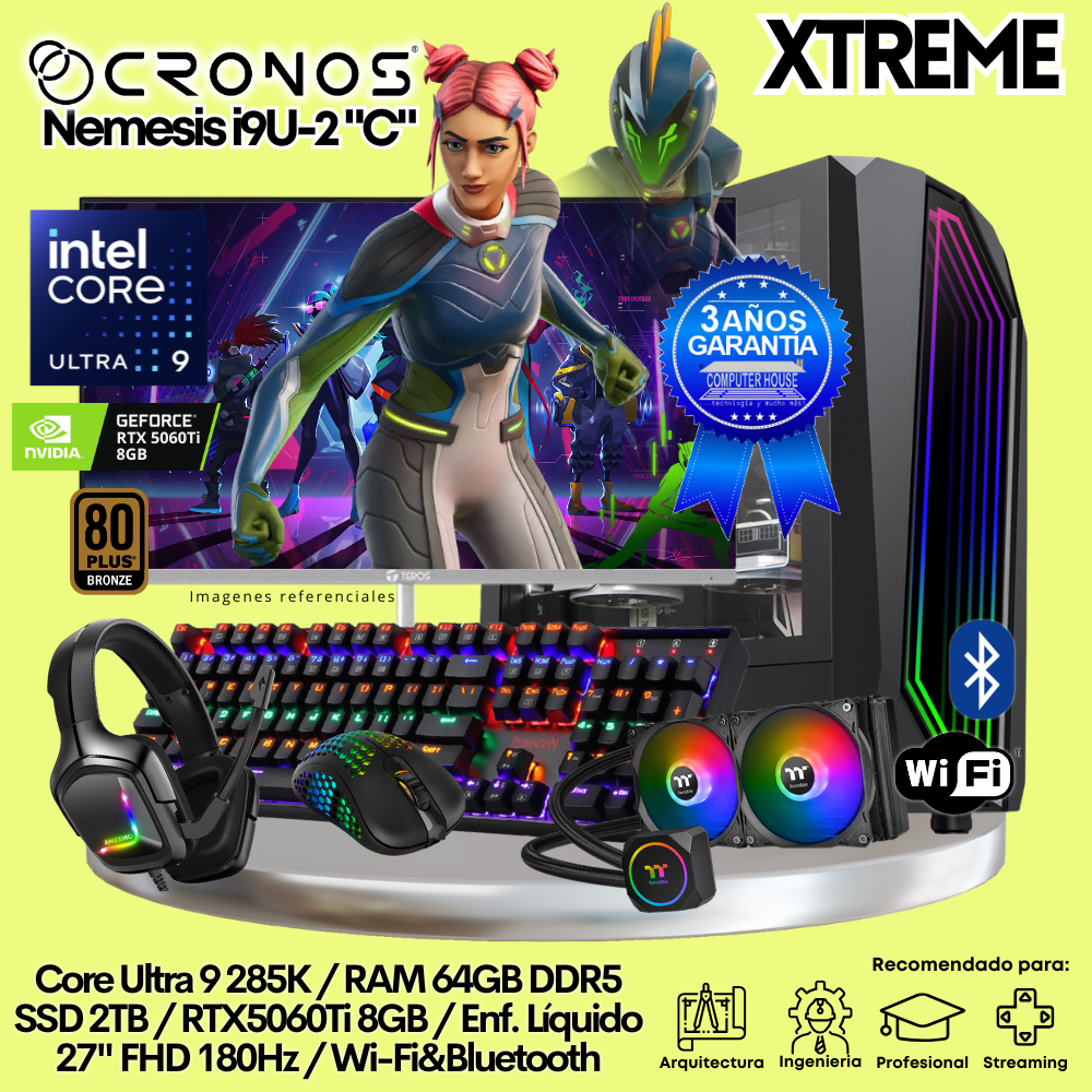 PC Xtreme CRONOS Nemesis U9-2 "C", RAM 64GB DDR5, SSD 2TB, RTX5060Ti 8GB, Enfriamiento Líquido, Monitor 27″ FHD 180Hz, Wi-Fi & Bluetooth.