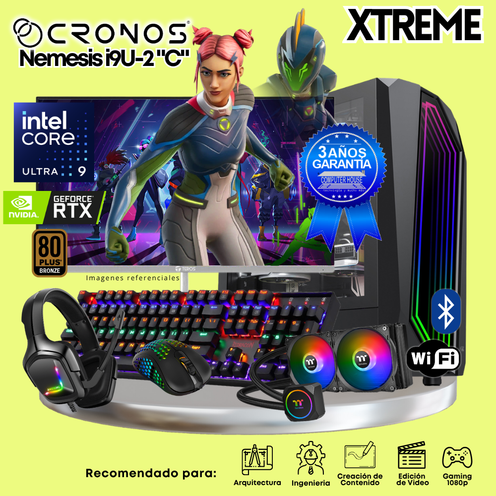 PC Xtreme CRONOS Nemesis U9-2 "C", RAM 64GB DDR5, SSD 2TB, Nvidia GeForce RTX5060Ti 8GB, Enfriamiento Líquido, Monitor 27″ FHD 180Hz, Wi-Fi & Bluetooth.