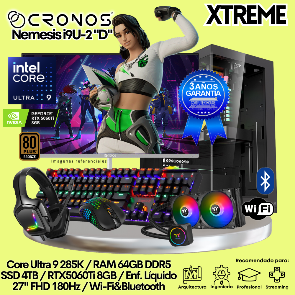 PC Xtreme CRONOS Nemesis U9-2 "D", RAM 64GB DDR5, SSD 4TB, RTX5060Ti 8GB, Enfriamiento Líquido, Monitor 27″ FHD 180Hz, Wi-Fi & Bluetooth.