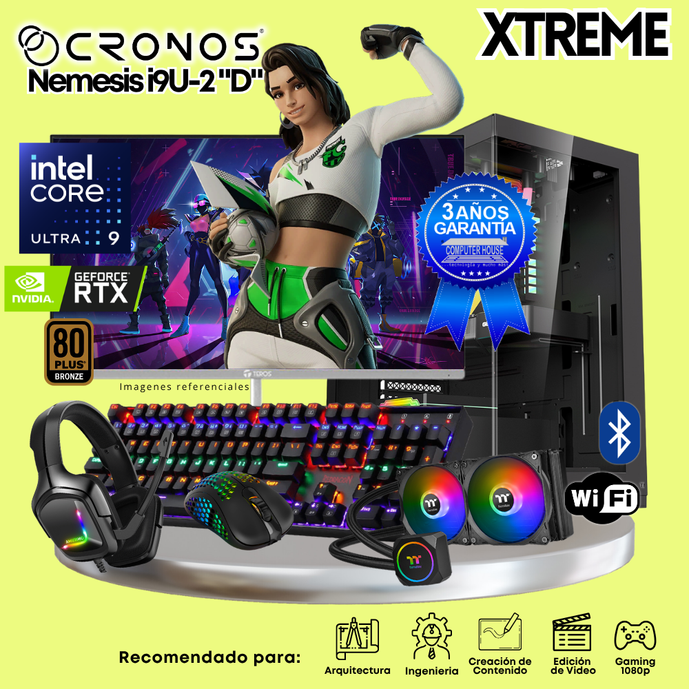 PC Xtreme CRONOS Nemesis U9-2 "D", RAM 64GB DDR5, SSD 4TB, Nvidia GeForce RTX5060Ti 8GB, Enfriamiento Líquido, Monitor 27″ FHD 180Hz, Wi-Fi & Bluetooth.