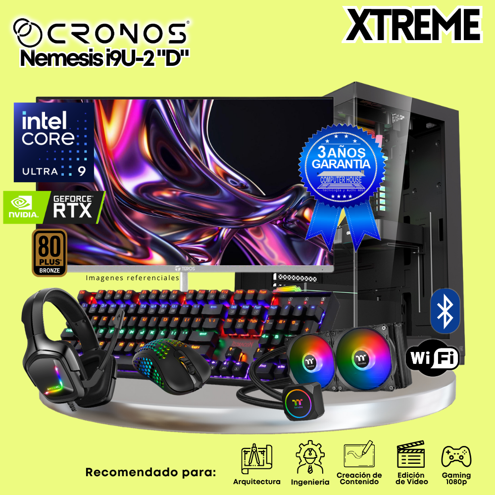 PC Xtreme CRONOS Nemesis U9-2 "D", RAM 64GB DDR5, SSD 4TB, Nvidia GeForce RTX5060Ti 8GB, Enfriamiento Líquido, Monitor 27″ FHD 180Hz, Wi-Fi & Bluetooth.
