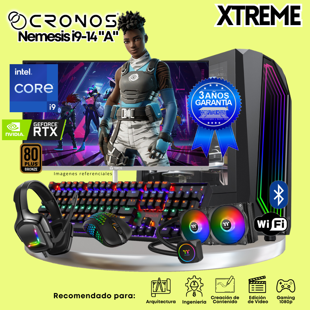 PC Xtreme CRONOS Nemesis i9-14 "A", RAM 32GB DDR5, SSD 1TB, Nvidia GeForce RTX5060 8GB, Enfriamiento Líquido, Monitor 27″ FHD 200Hz, Wi-Fi & Bluetooth.
