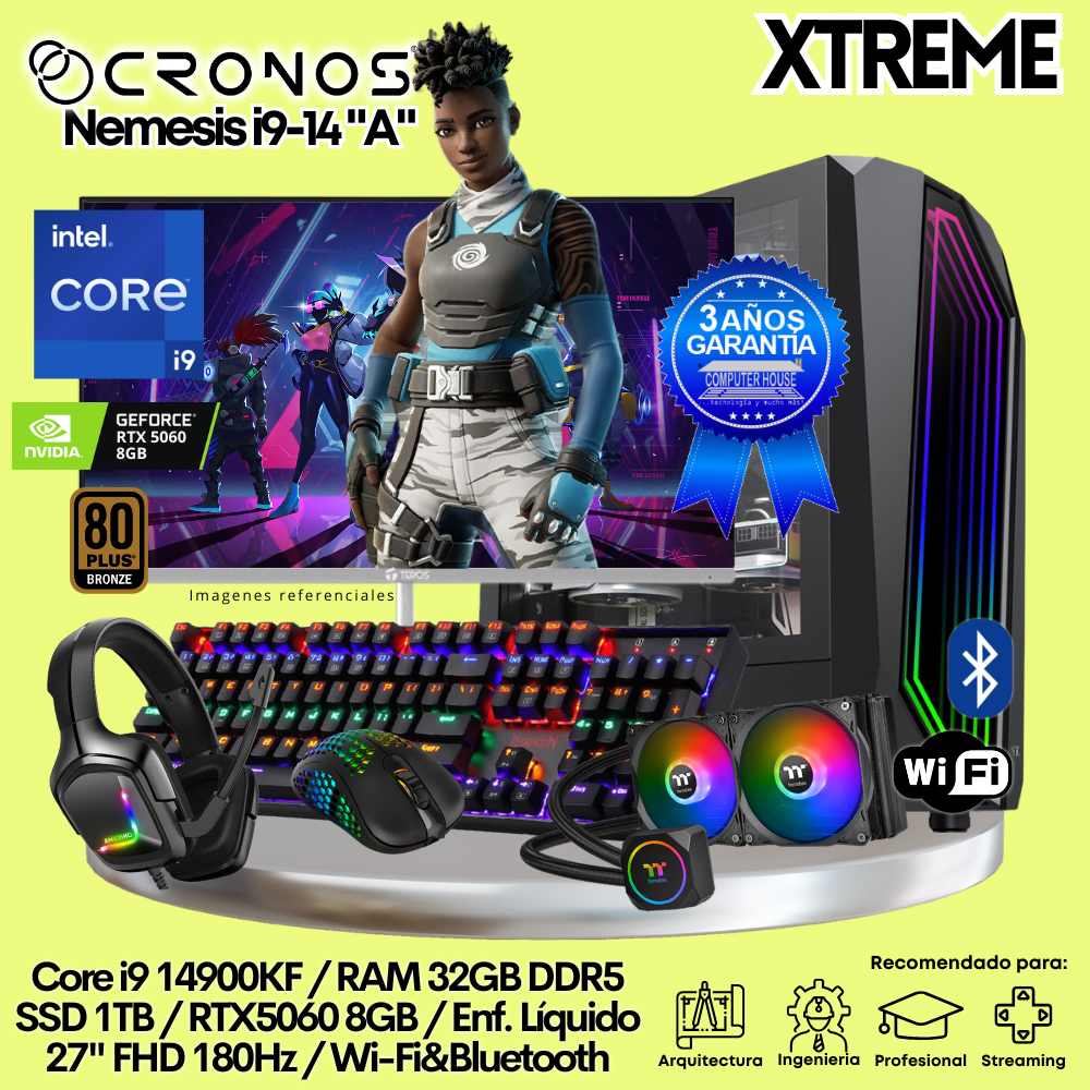 PC Xtreme CRONOS Nemesis i9-14 "A", RAM 32GB DDR5, SSD 1TB, RTX5060 8GB, Enfriamiento Líquido, Monitor 27″ FHD 180Hz, Wi-Fi & Bluetooth.