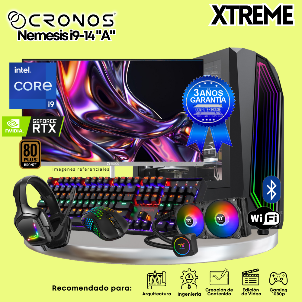 PC Xtreme CRONOS Nemesis i9-14 "A", RAM 32GB DDR5, SSD 1TB, Nvidia GeForce RTX5060 8GB, Enfriamiento Líquido, Monitor 27″ FHD 200Hz, Wi-Fi & Bluetooth.