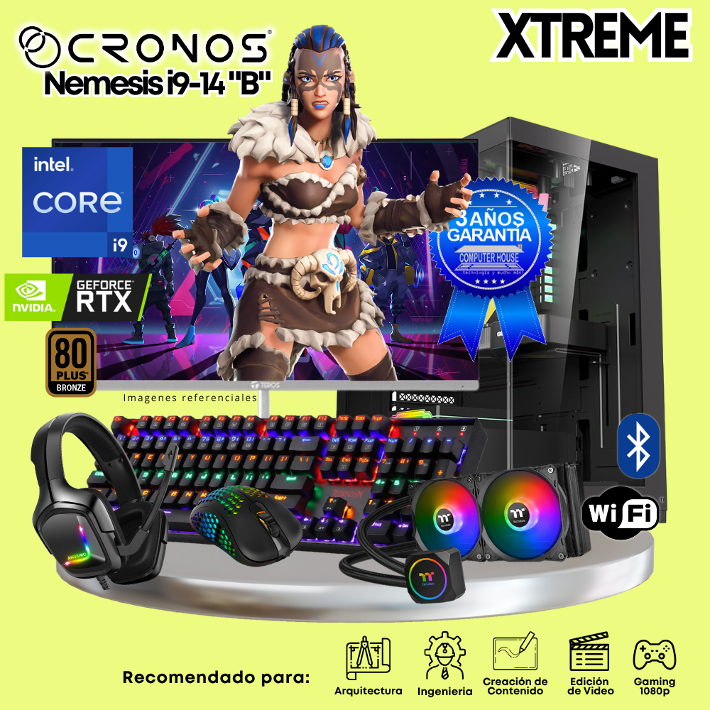 PC Xtreme CRONOS Nemesis i9-14 "B", RAM 32GB DDR5, SSD 2TB, Nvidia GeForce RTX5060 8GB, Enfriamiento Líquido, Monitor 27″ FHD 200Hz, Wi-Fi & Bluetooth.