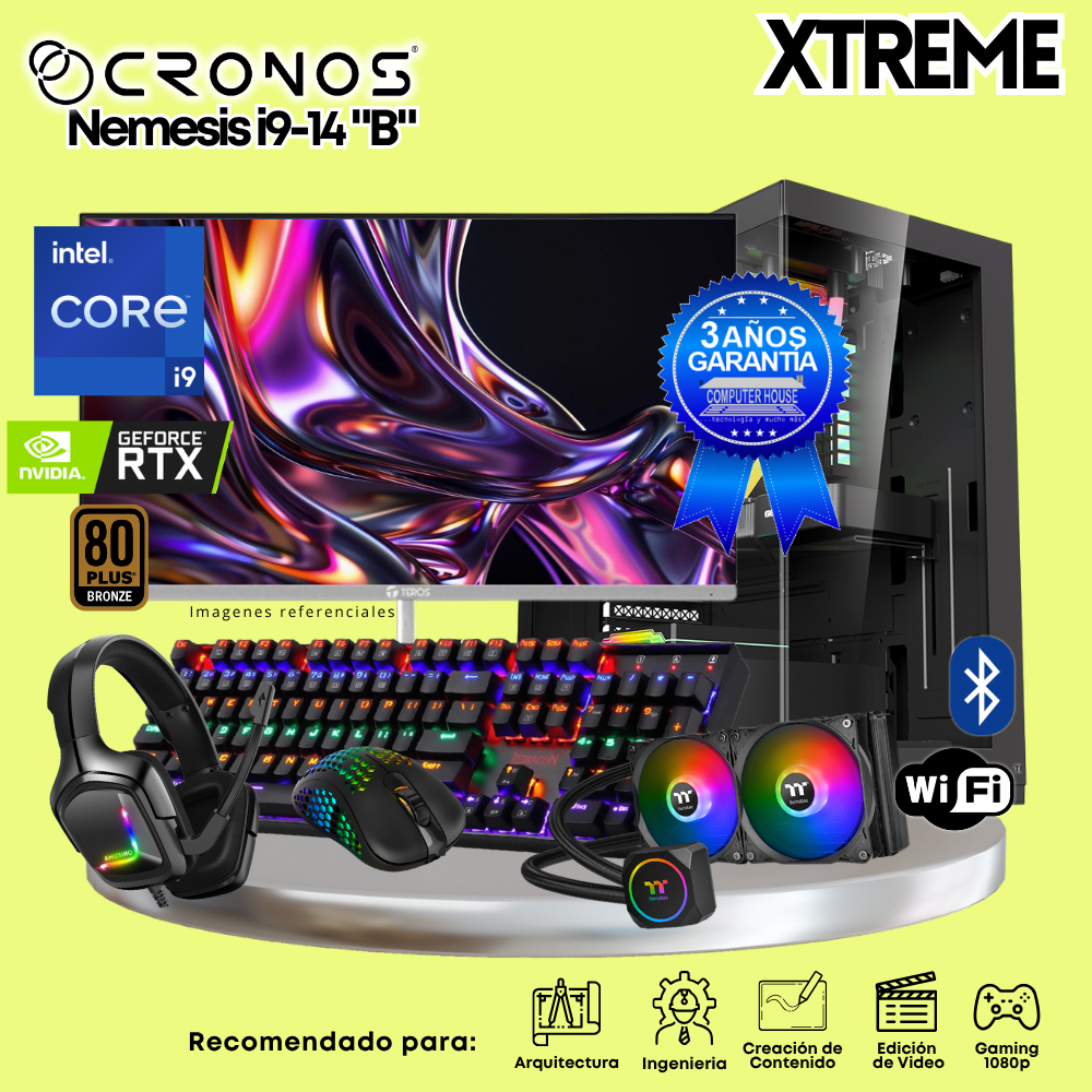 PC Xtreme CRONOS Nemesis i9-14 "B", RAM 32GB DDR5, SSD 2TB, Nvidia GeForce RTX5060 8GB, Enfriamiento Líquido, Monitor 27″ FHD 200Hz, Wi-Fi & Bluetooth.