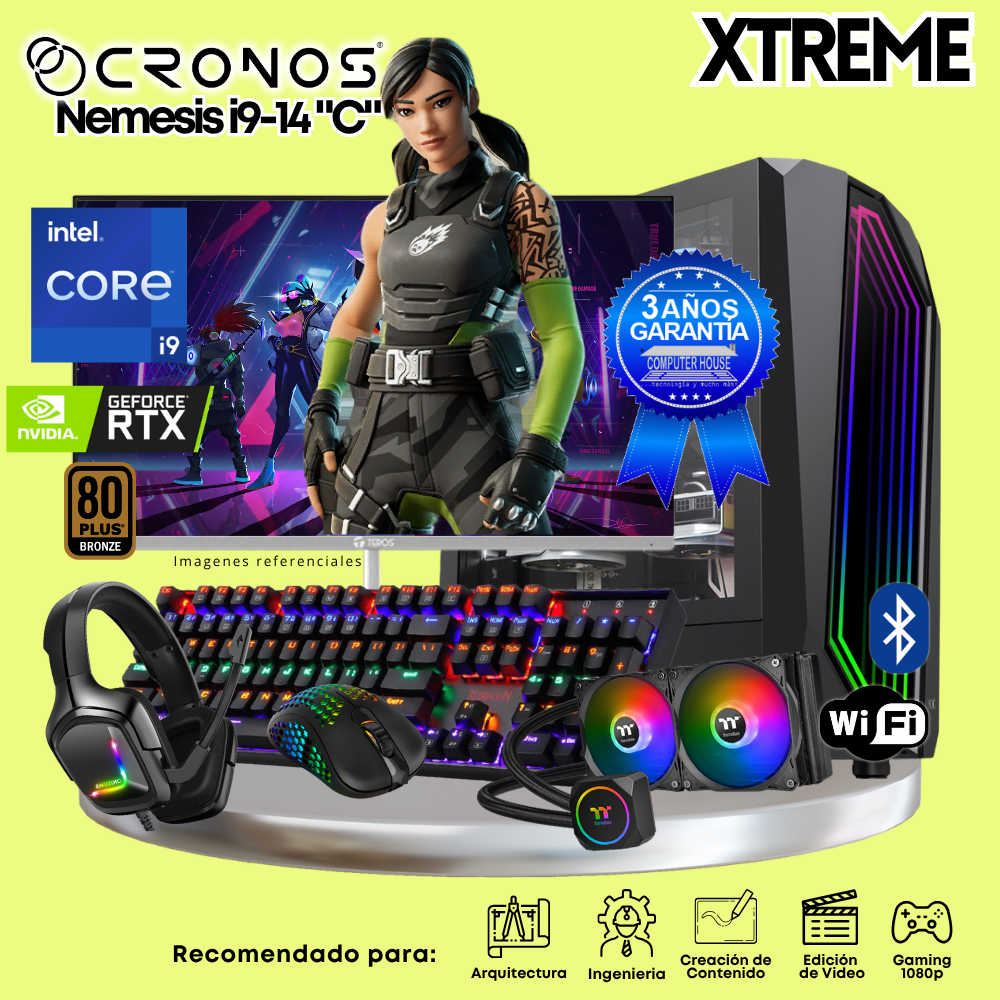 PC Xtreme CRONOS Nemesis i9-14 "C", RAM 64GB DDR5, SSD 2TB, Nvidia GeForce RTX5060Ti 8GB, Enfriamiento Líquido, Monitor 27″ FHD 180Hz, Wi-Fi & Bluetooth.