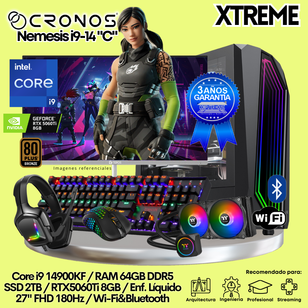 PC Xtreme CRONOS Nemesis i9-14 "C", RAM 64GB DDR5, SSD 2TB, RTX5060Ti 8GB, Enfriamiento Líquido, Monitor 27″ FHD 180Hz, Wi-Fi & Bluetooth.