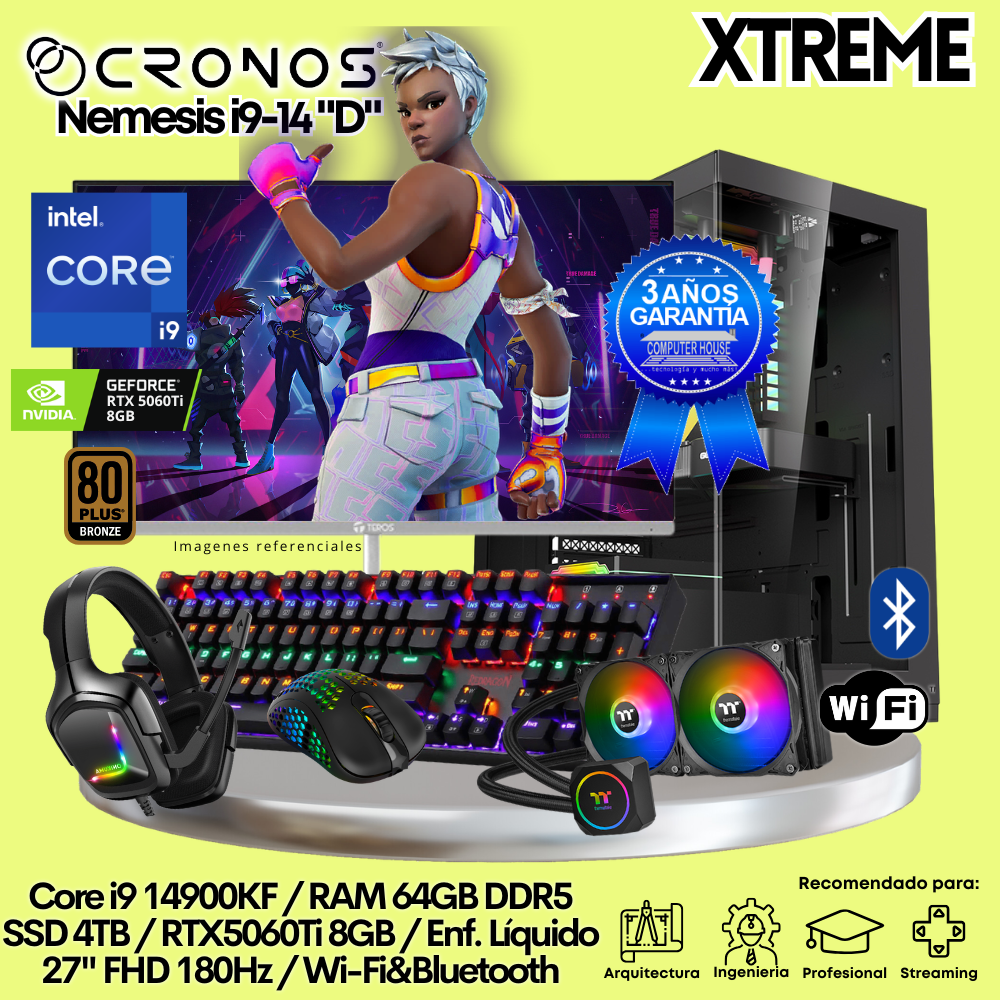 PC Xtreme CRONOS Nemesis i9-14 "D", RAM 64GB DDR5, SSD 4TB, RTX5060Ti 8GB, Enfriamiento Líquido, Monitor 27″ FHD 180Hz, Wi-Fi & Bluetooth.
