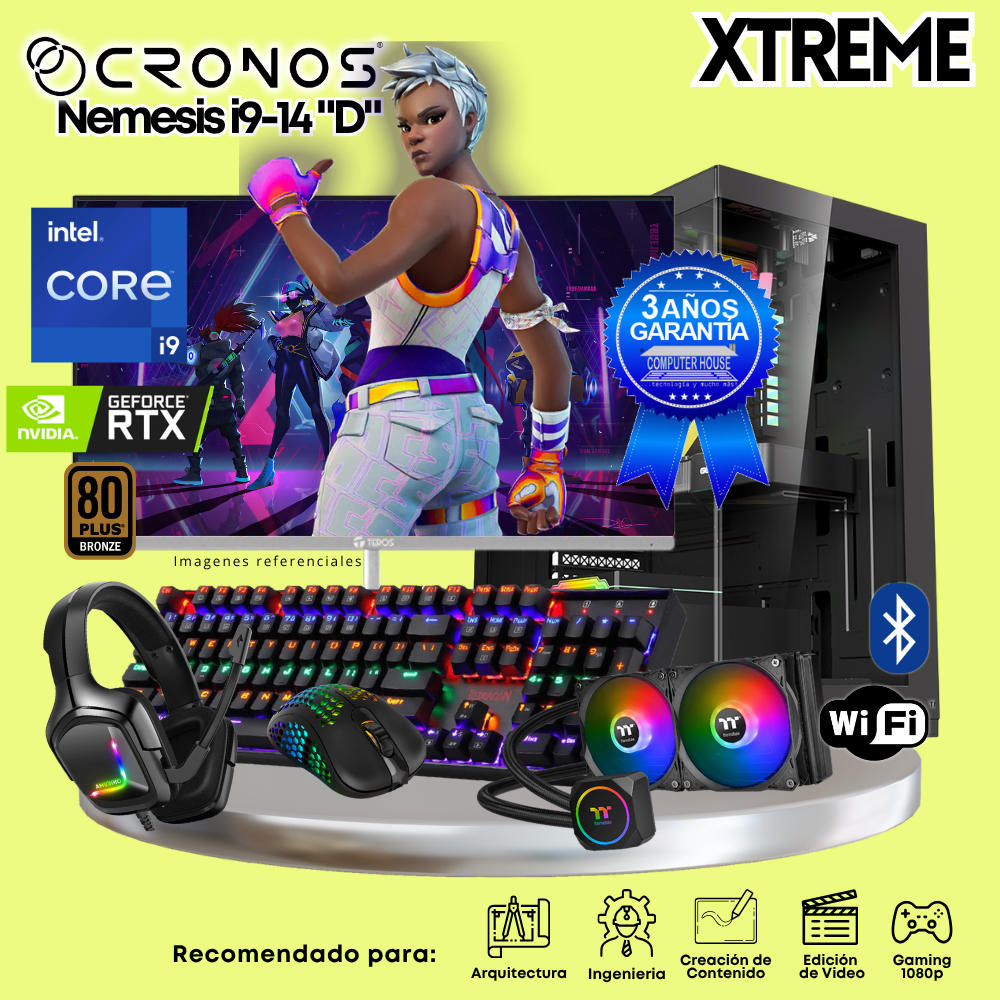 PC Xtreme CRONOS Nemesis i9-14 "D", RAM 64GB DDR5, SSD 4TB, Nvidia GeForce RTX5060Ti 8GB, Enfriamiento Líquido, Monitor 27″ FHD 180Hz, Wi-Fi & Bluetooth.