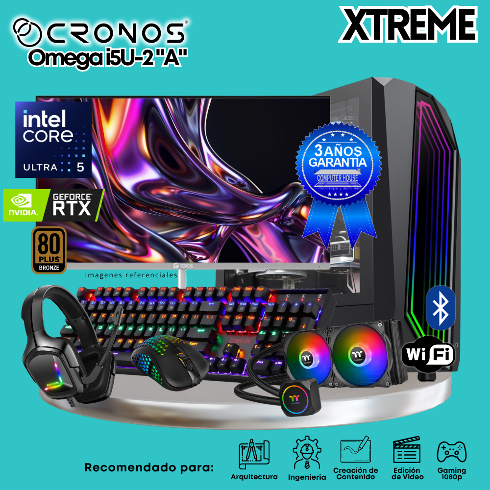 PC Xtreme CRONOS Omega U5-2 "A", RAM 32GB DDR5, SSD 1TB, Nvidia GeForce RTX5060 8GB, Enfriamiento Líquido, Monitor 27″ FHD 200Hz, Wi-Fi & Bluetooth.