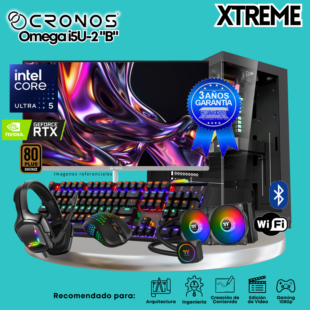 PC Xtreme CRONOS Omega U5-2 "B", RAM 32GB DDR5, SSD 2TB, Nvidia GeForce RTX5060 8GB, Enfriamiento Líquido, Monitor 27″ FHD 200Hz, Wi-Fi & Bluetooth.