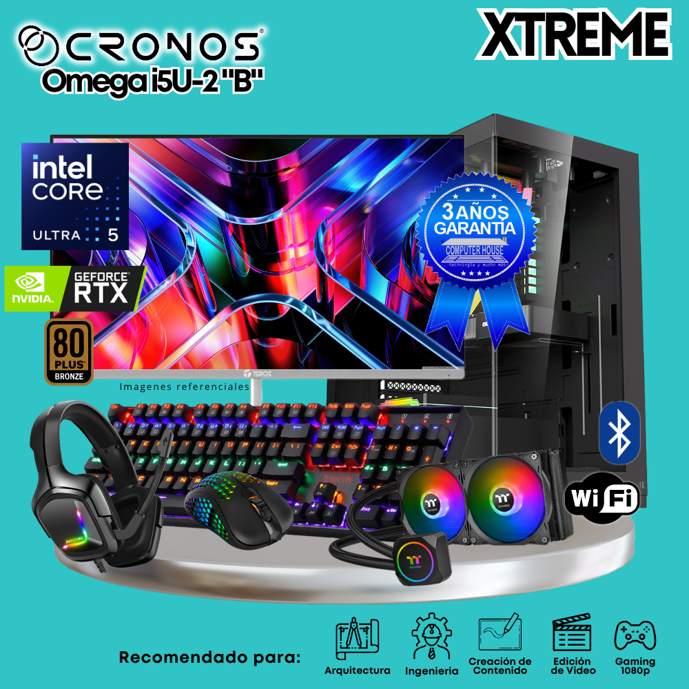 PC Xtreme CRONOS Omega U5-2 "B", 32GB DDR5 RAM, 2TB SSD, RTX5060 8GB, Liquid Cooling, 27″ FHD 240Hz Monitor, Wi-Fi &amp; Bluetooth.