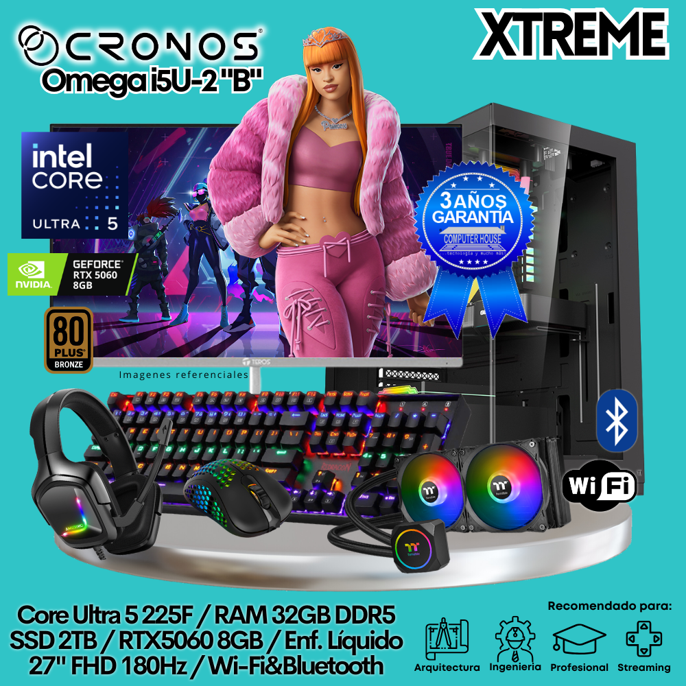 PC Xtreme CRONOS Omega U5-2 "B", RAM 32GB DDR5, SSD 2TB, RTX5060 8GB, Enfriamiento Líquido, Monitor 27″ FHD 180Hz, Wi-Fi & Bluetooth.