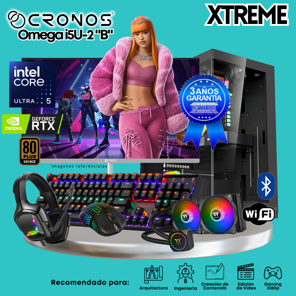 PC Xtreme CRONOS Omega U5-2 "B", RAM 32GB DDR5, SSD 2TB, Nvidia GeForce RTX5060 8GB, Enfriamiento Líquido, Monitor 27″ FHD 200Hz, Wi-Fi & Bluetooth.