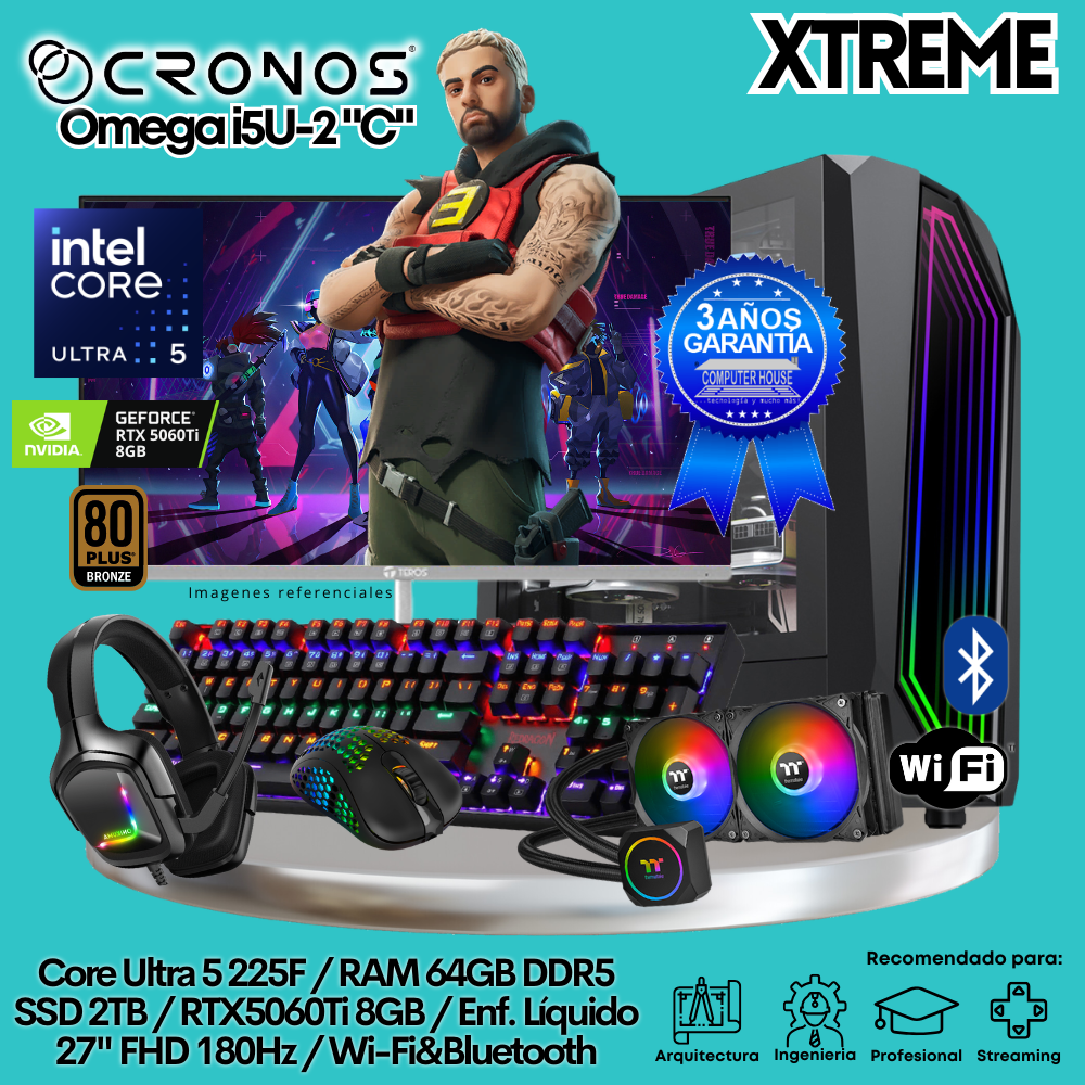 PC Xtreme CRONOS Omega U5-2 "C", RAM 64GB DDR5, SSD 2TB, RTX5060Ti 8GB, Enfriamiento Líquido, Monitor 27″ FHD 180Hz, Wi-Fi & Bluetooth.
