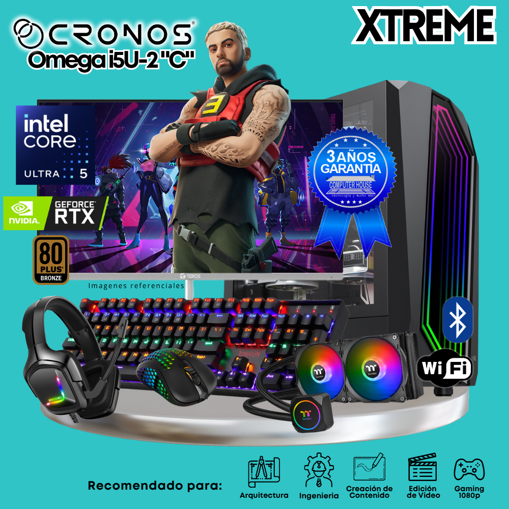 PC Xtreme CRONOS Omega U5-2 "C", 64GB DDR5 RAM, 2TB SSD, RTX5060Ti 16GB, Liquid Cooling, 27″ FHD 180Hz Monitor, Wi-Fi &amp; Bluetooth.