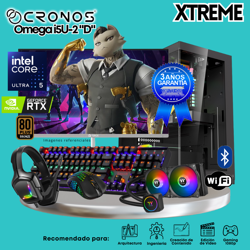 PC Xtreme CRONOS Omega U5-2 "D", RAM 64GB DDR5, SSD 4TB, Nvidia GeForce RTX5060Ti 8GB, Enfriamiento Líquido, Monitor 27″ FHD 180Hz, Wi-Fi & Bluetooth.