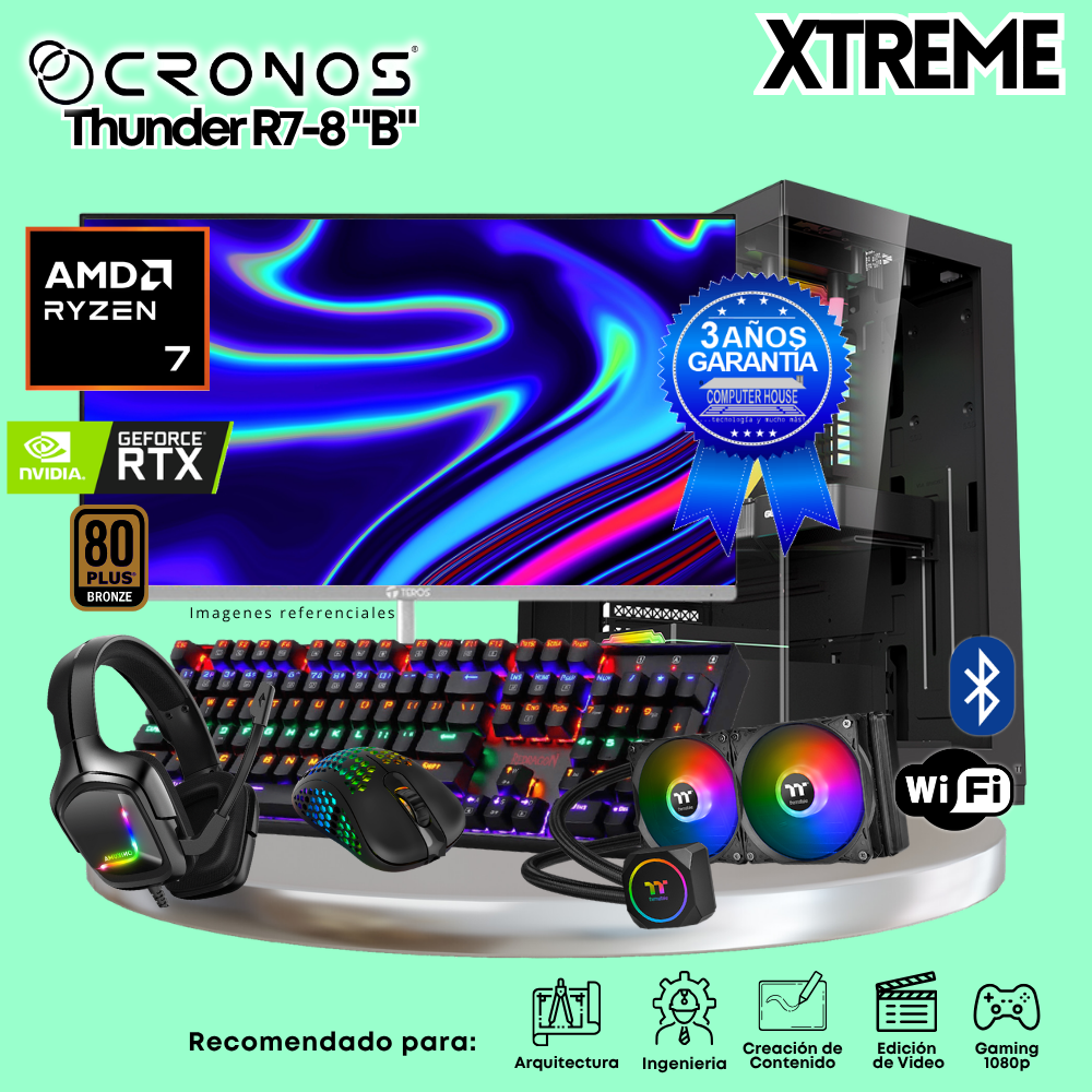 PC Xtreme CRONOS Thunder R7-8 "B", RAM 32GB DDR5, SSD 2TB, Nvidia GeForce RTX5060 8GB, Enfriamiento Líquido, Monitor 27″ FHD 200Hz, Wi-Fi & Bluetooth.