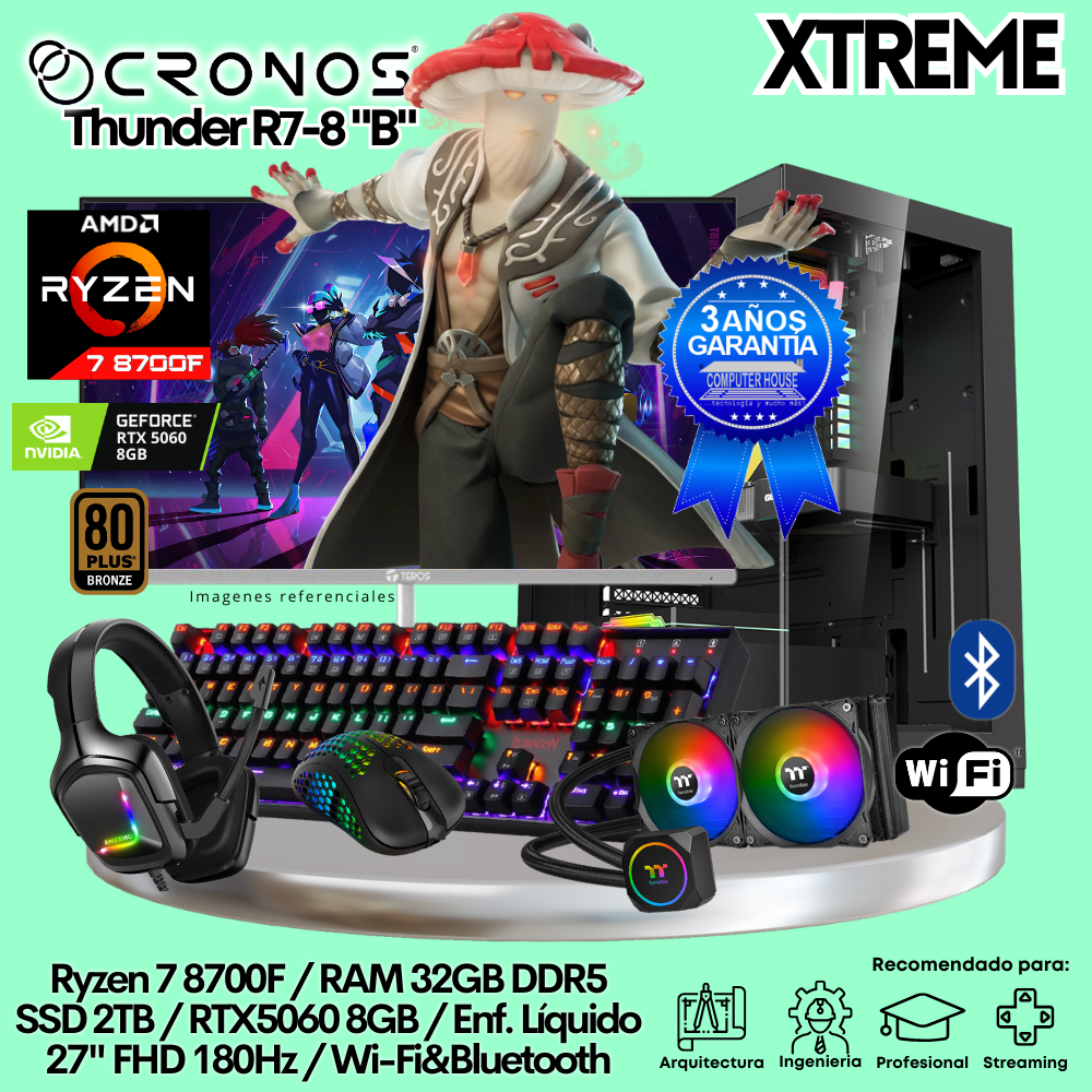 PC Xtreme CRONOS Thunder R7-8 "B", RAM 32GB DDR5, SSD 2TB, RTX5060 8GB, Enfriamiento Líquido, Monitor 27″ FHD 180Hz, Wi-Fi & Bluetooth.