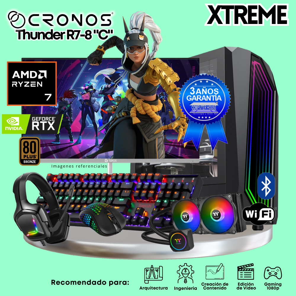 PC Xtreme CRONOS Thunder R7-8 "C", RAM 64GB DDR5, SSD 2TB, Nvidia GeForce RTX5060Ti 8GB, Enfriamiento Líquido, Monitor 27″ FHD 180Hz, Wi-Fi & Bluetooth.
