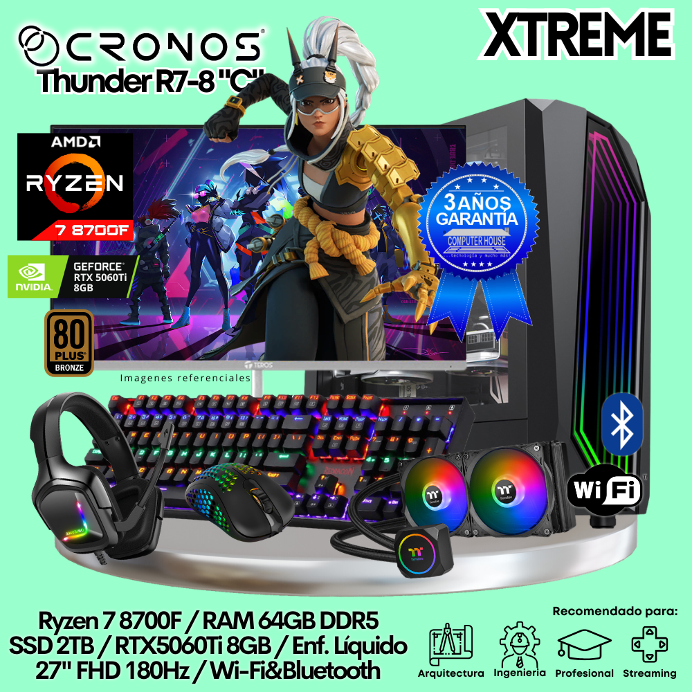 PC Xtreme CRONOS Thunder R7-8 "C", RAM 64GB DDR5, SSD 2TB, RTX5060Ti 8GB, Enfriamiento Líquido, Monitor 27″ FHD 180Hz, Wi-Fi & Bluetooth.
