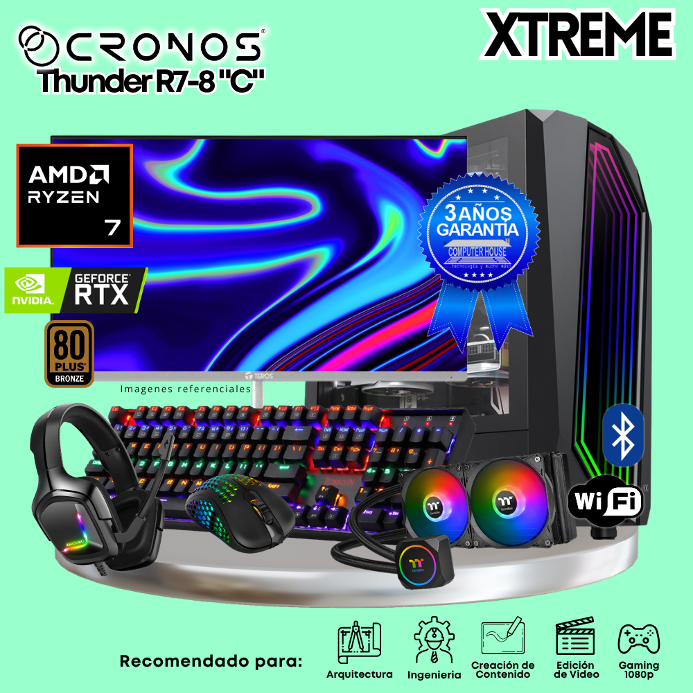 PC Xtreme CRONOS Thunder R7-8 "C", RAM 64GB DDR5, SSD 2TB, Nvidia GeForce RTX5060Ti 8GB, Enfriamiento Líquido, Monitor 27″ FHD 180Hz, Wi-Fi & Bluetooth.