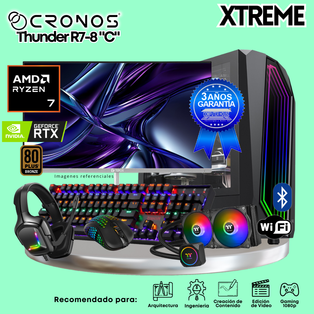 PC Xtreme CRONOS Thunder R7-8 "C", 64GB DDR5 RAM, 2TB SSD, RTX5060Ti 16GB, Liquid Cooling, 27″ FHD 180Hz Monitor, Wi-Fi &amp; Bluetooth.