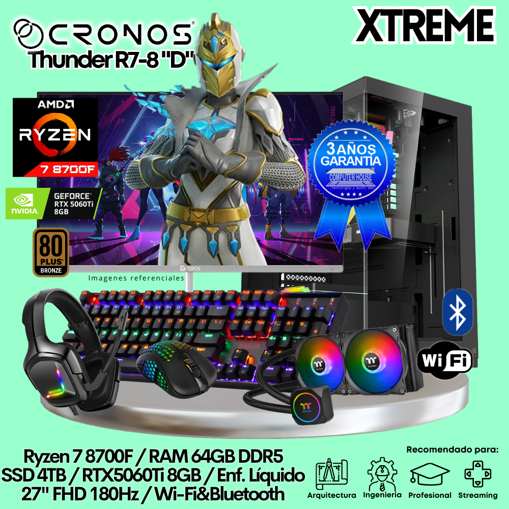PC Xtreme CRONOS Thunder R7-8 "D", RAM 64GB DDR5, SSD 4TB, RTX5060Ti 8GB, Enfriamiento Líquido, Monitor 27″ FHD 180Hz, Wi-Fi & Bluetooth.