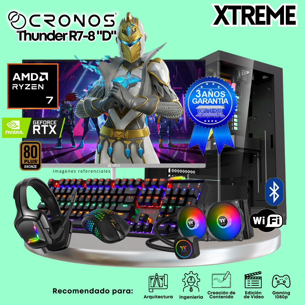PC Xtreme CRONOS Thunder R7-8 "D", RAM 64GB DDR5, SSD 4TB, Nvidia GeForce RTX5060Ti 8GB, Enfriamiento Líquido, Monitor 27″ FHD 180Hz, Wi-Fi & Bluetooth.