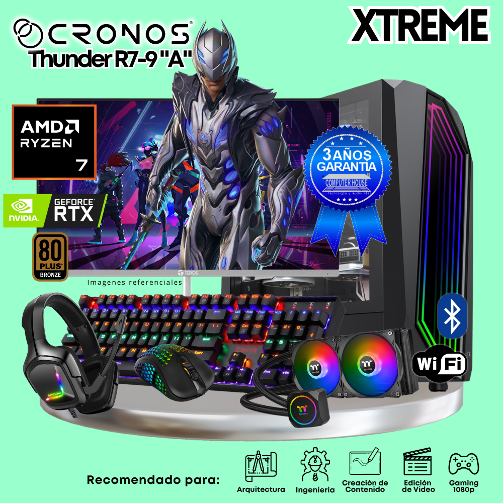 PC Xtreme CRONOS Thunder R7-9 "A", RAM 32GB DDR5, SSD 1TB, Nvidia GeForce RTX5060 8GB, Enfriamiento Líquido, Monitor 27″ FHD 200Hz, Wi-Fi & Bluetooth.