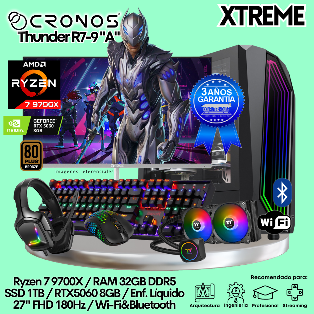 PC Xtreme CRONOS Thunder R7-9 "A", RAM 32GB DDR5, SSD 1TB, RTX5060 8GB, Enfriamiento Líquido, Monitor 27″ FHD 180Hz, Wi-Fi & Bluetooth.